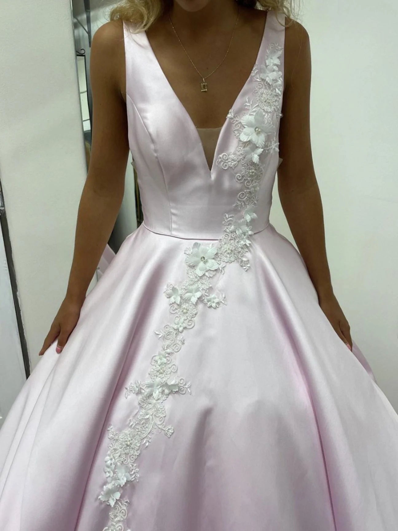 Pink v neck satin lace long prom dress pink lace evening dress