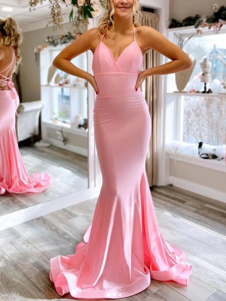 Simple pink satin mermaid long prom dress pink evening dress