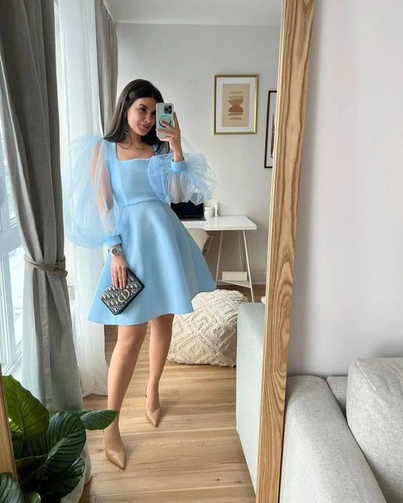 Blue minimalist A-line version short ball dress back to school dress