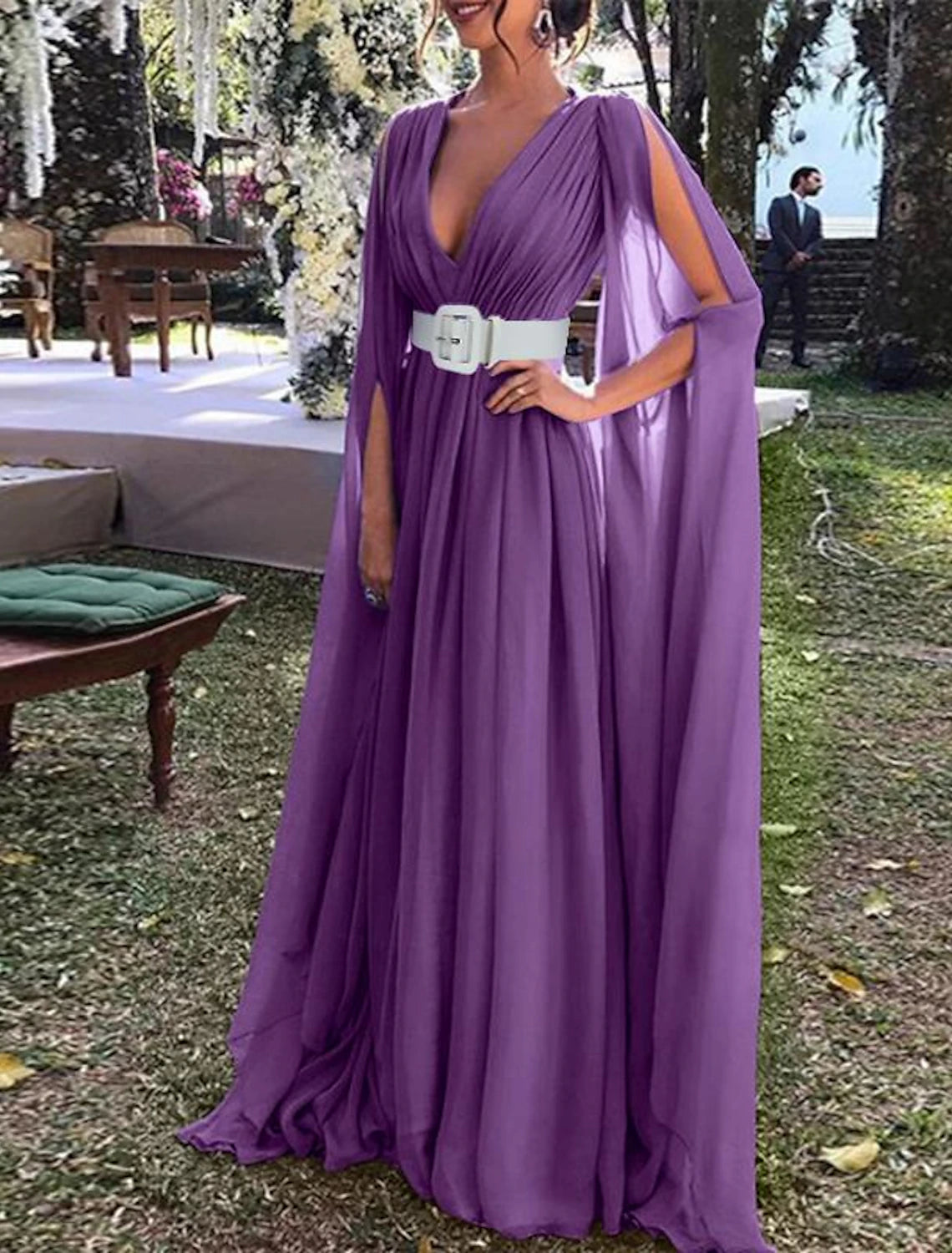 A-Line Wedding Guest Dresses Elegant Dress Wedding Party  Tie Floor Length Long Sleeve V Neck Fall Wedding Guest Chiffon with Belt