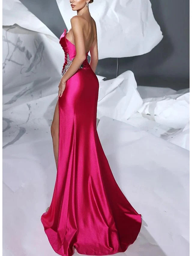 Long sequin slit pleated hem slim fit V-neck floor length evening dress
