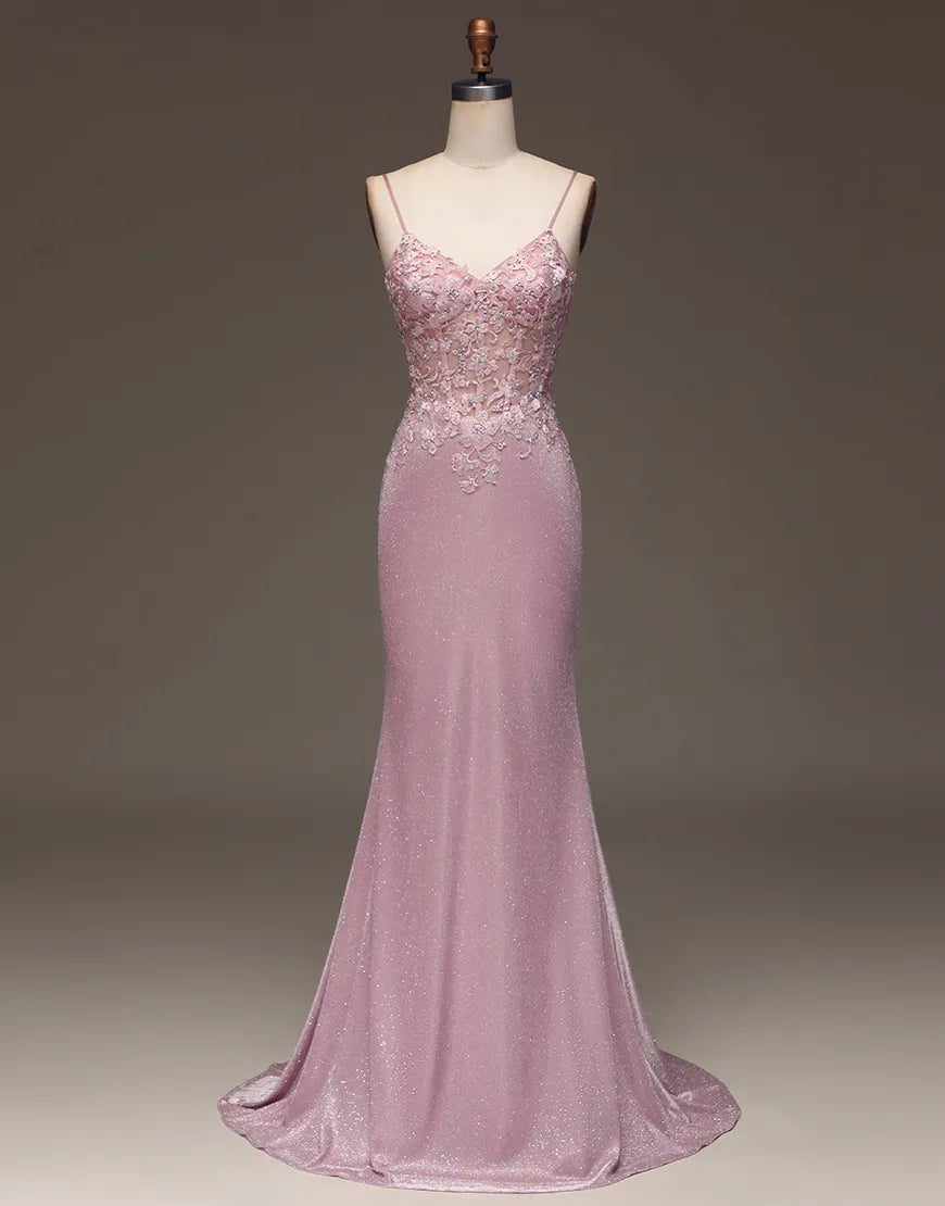 Pink sequin long suspender mermaid pearl decal party dress