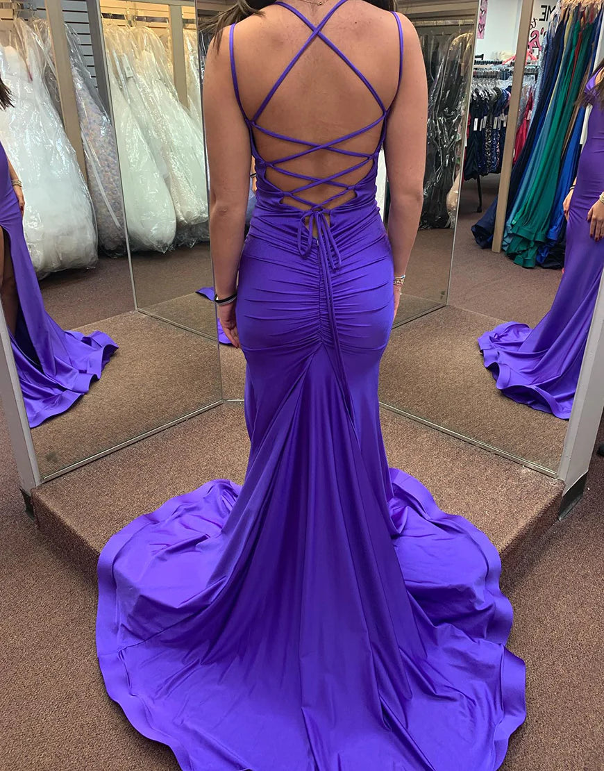 Purple Mermaid Backless Long Prom Dress With Slit