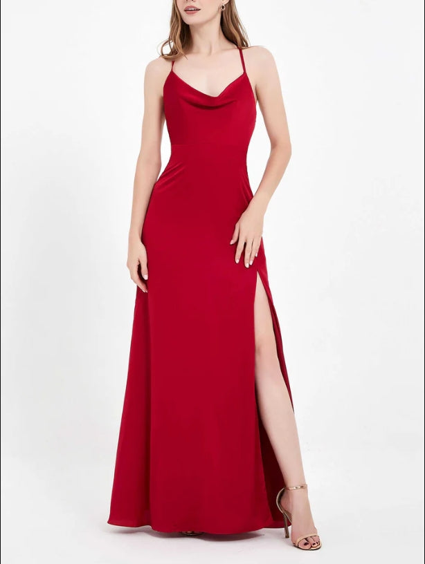 DingJiDress Evening Dress A-Line Cowl Neck Spaghetti Straps Lace up Back Satin Split fork Long Simple Dress Floor-Length Formal Dress