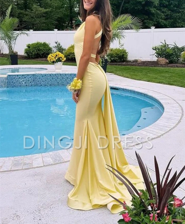 DingJiDress Sexy Mermaid V Neck Satin with Cross Back Prom Dress