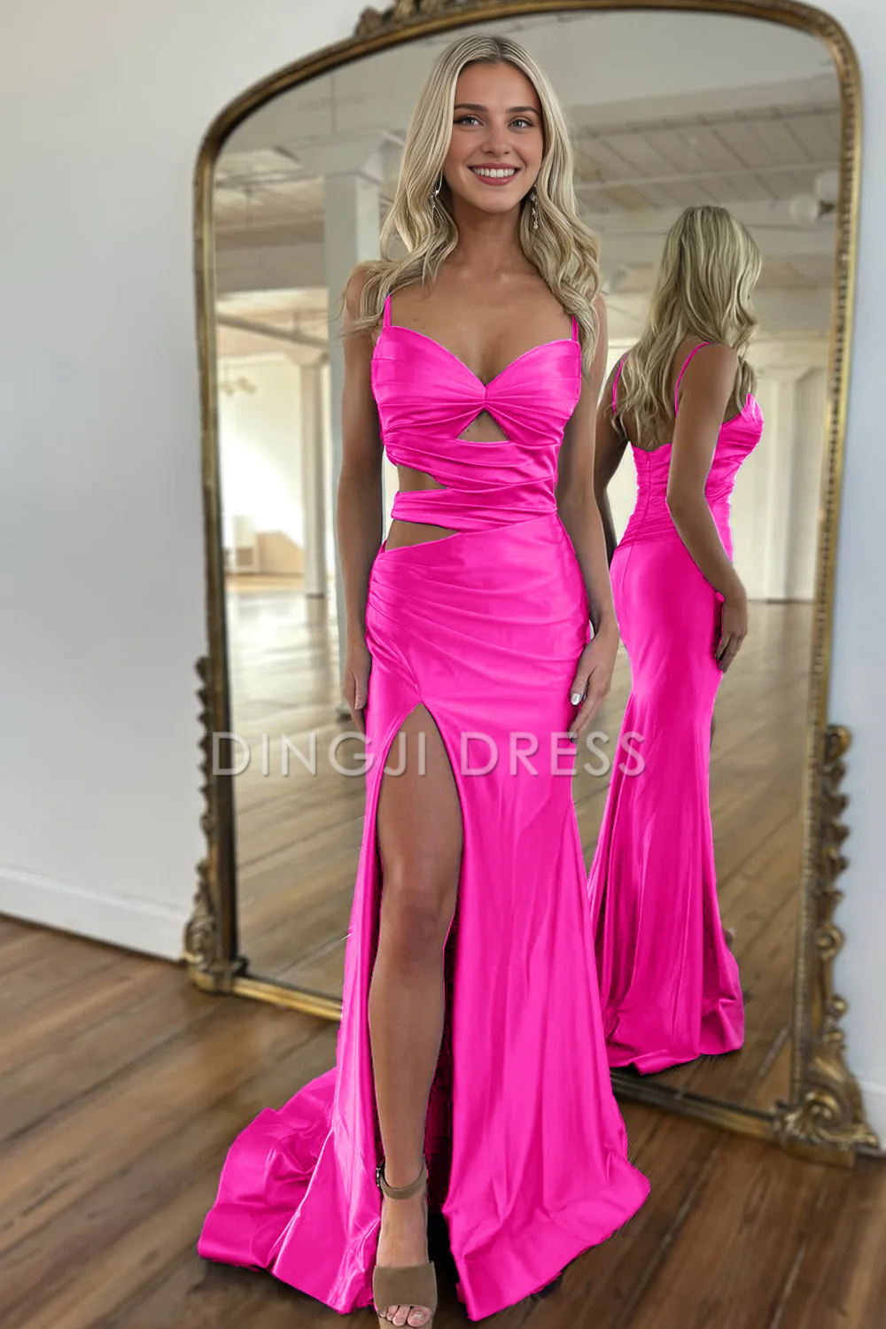 DingJiDress Exquisite Mermaid Spaghetti Straps Cutout Waist Long Satin Fashion Prom Dress