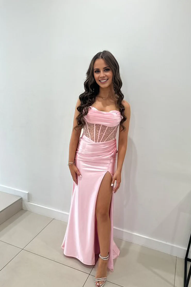 DingJiDress Charming Mermaid Cowl Neck Spaghetti Strap Backless Satin Slit Sexy Prom Dress