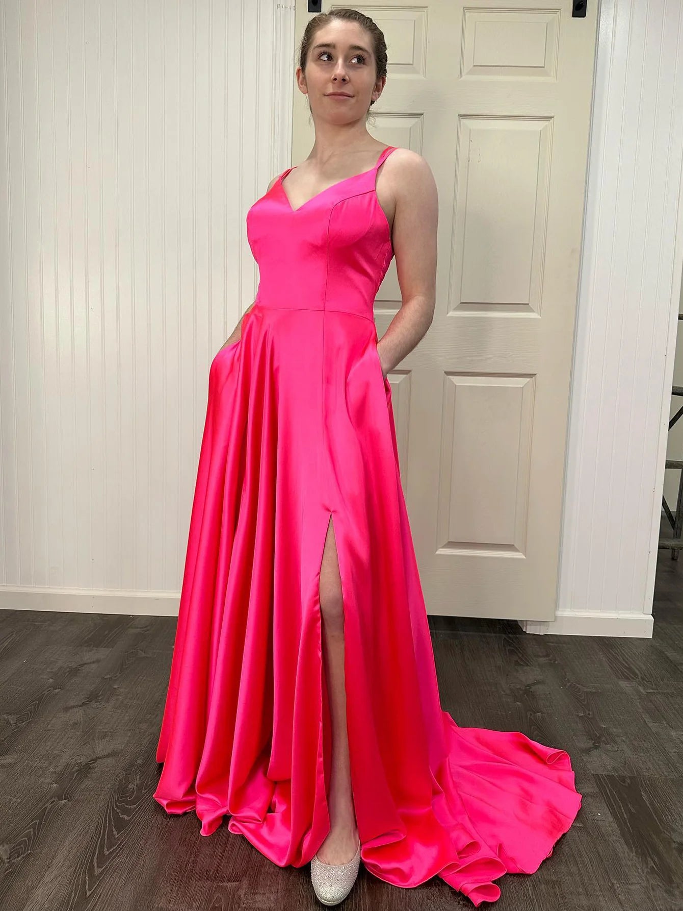 Hot Pink A-line Version V-neck Long Split Ball Dress