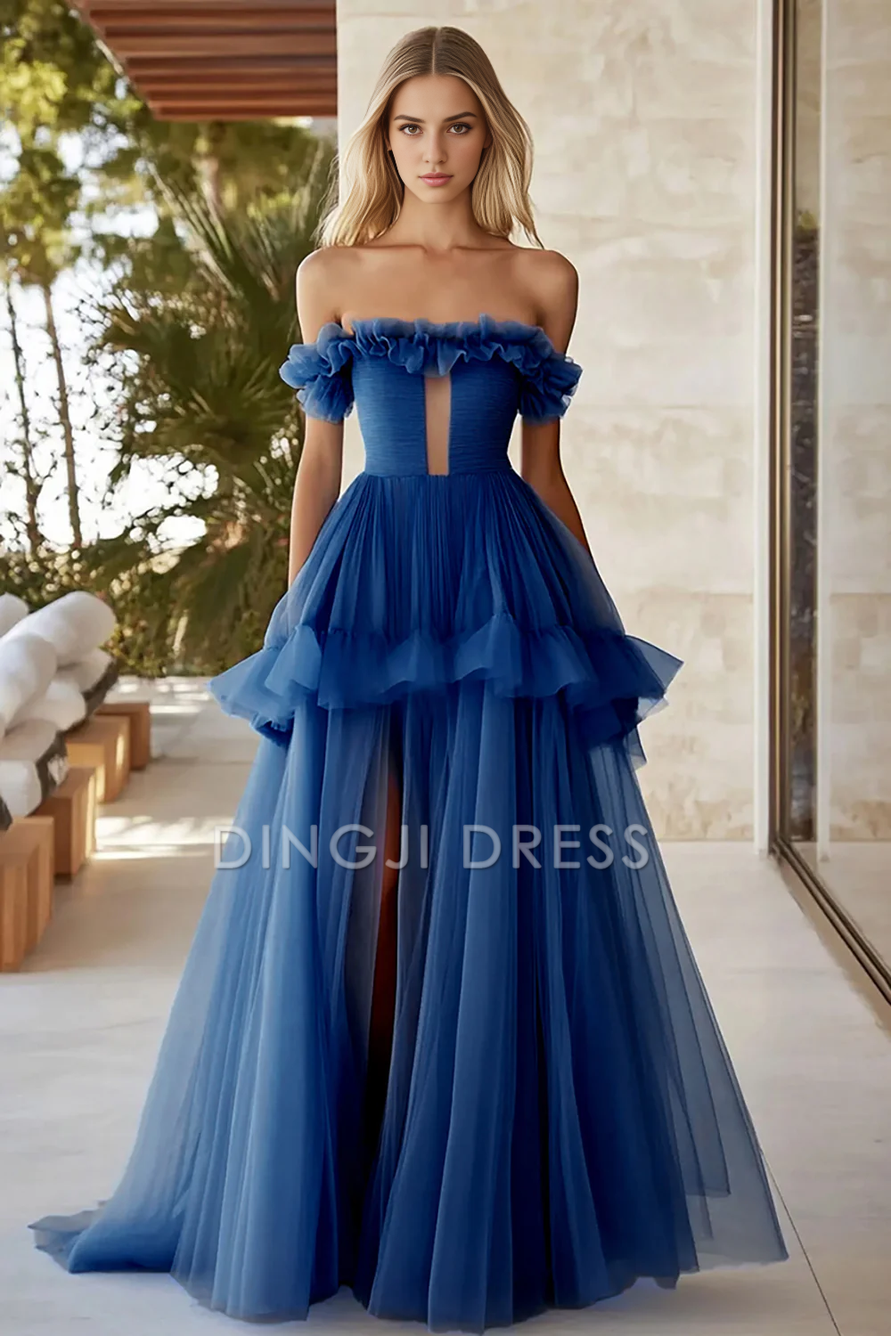 DingJiDress High Quality Dress Fashion A Line Keyhole Long Fantastic Tulle With Slit Prom Dress