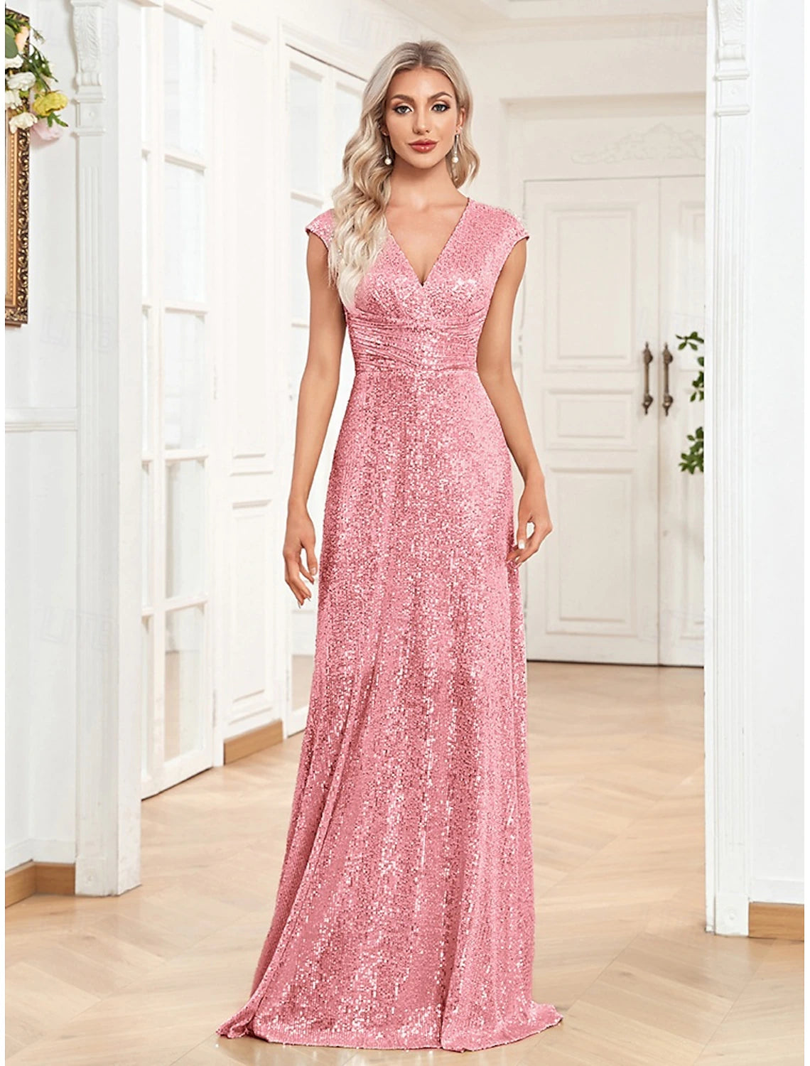Pink A-Line Prom Dresses Vintage Dress Formal Prom Floor Length Short Sleeve V Neck Sequined with Glitter Sequin