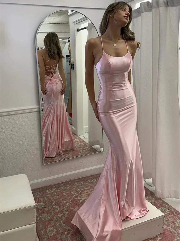 Cute Mermaid Scoop Neck Pink Satin Long Prom Dress  Satin Party Dress