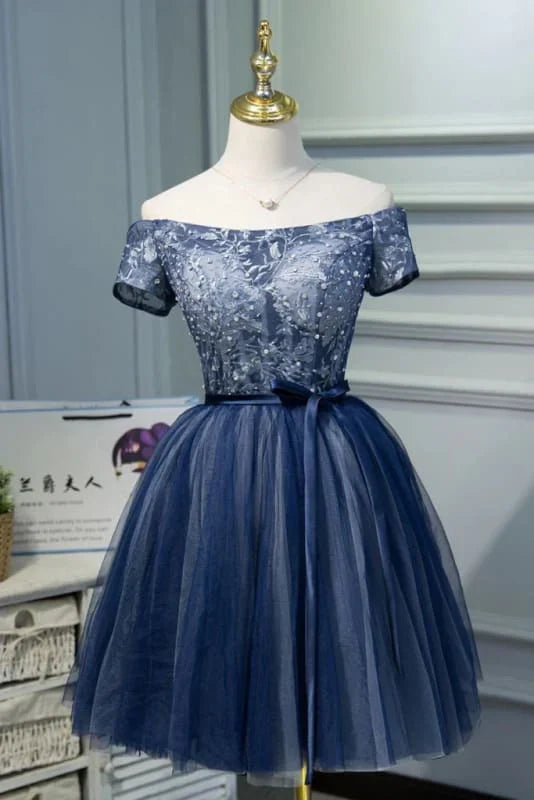 DingJiDress Short Prom Dress A Line Off The Shoulder Tulle Belt Cute Graduation Dress Applique Exquisite Homecoming Dress