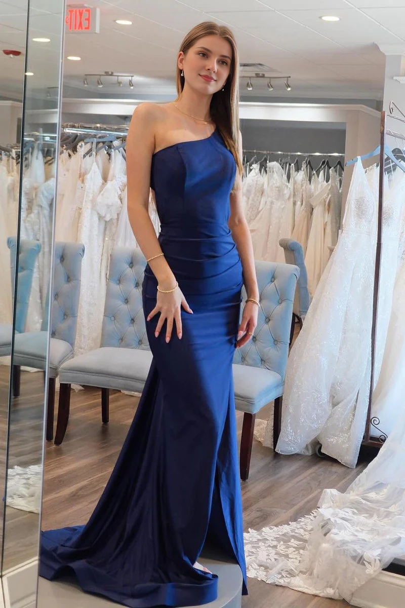 DingJiDress Elegant Evening Dress One Shoulder Mermaid Cultivate oneself Backless Sweep Train Prom Dresses Simple Formal Wear Dresses Wedding Guest Dresses