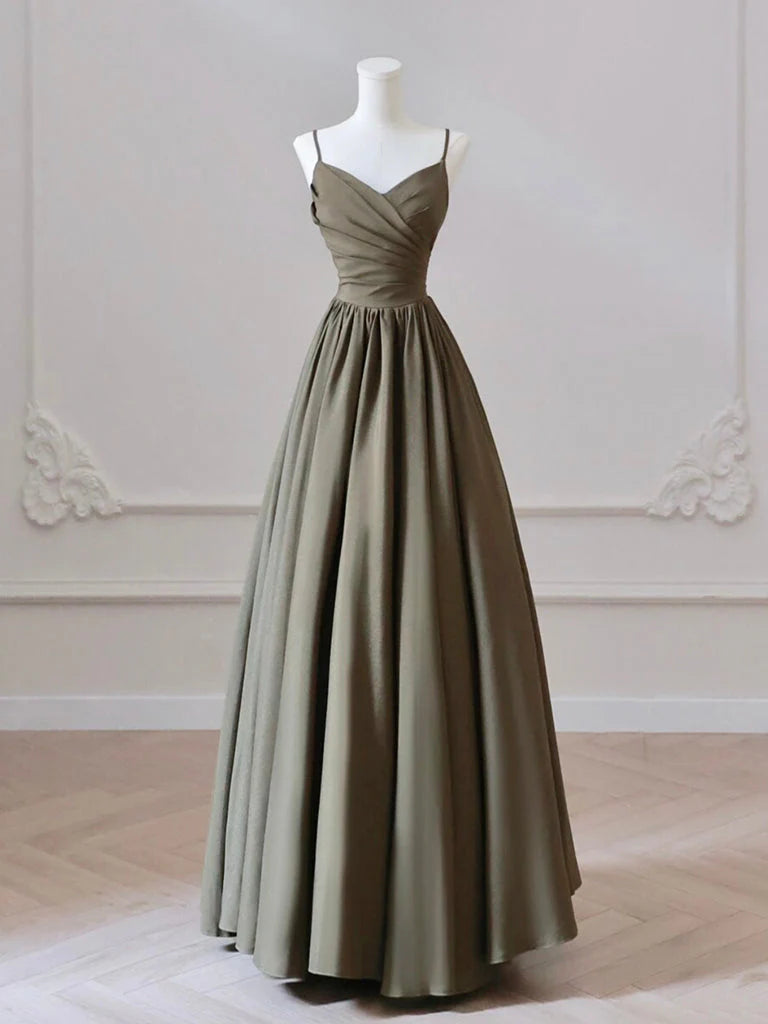 A-Line V Neck Satin Olive Green Long Prom Dress Long Evening Dress