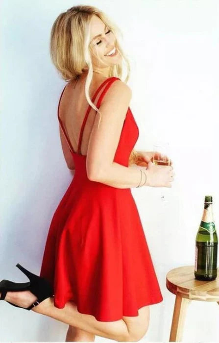 Cute V Neck Backless White Red Short Prom Backless White Red Homecoming White Red Graduation Formal Evening