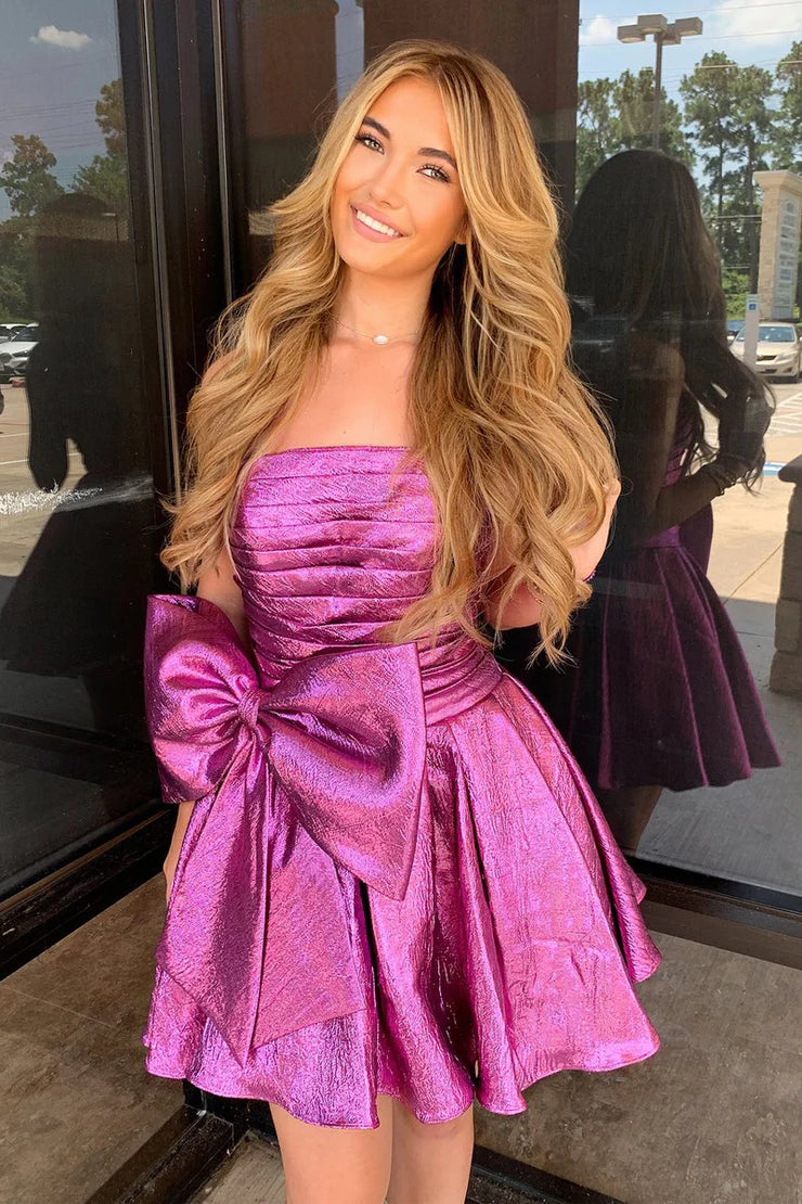 A Line Strapless Fuchsia Sparkly Satin Short Homecoming Dressees