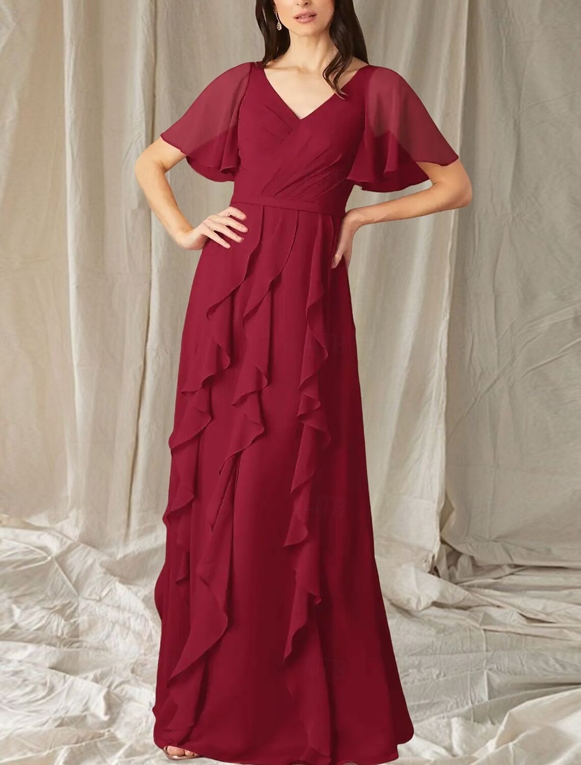 A-Line Mother of the Bride Dress Wedding Guest Elegant Sweet V Neck Floor Length Chiffon Short Sleeve Long Sleeve with Cascading Ruffles Ruching