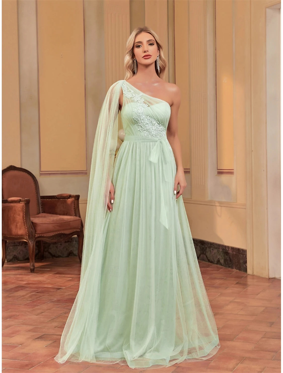 A-Line Quinceanera Dresses Elegant Dress Wedding Wedding Guest Floor Length Sleeveless One Shoulder Chiffon with Appliques