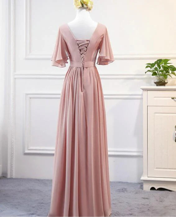 Pink V-neck chiffon bridesmaid dress party dress
