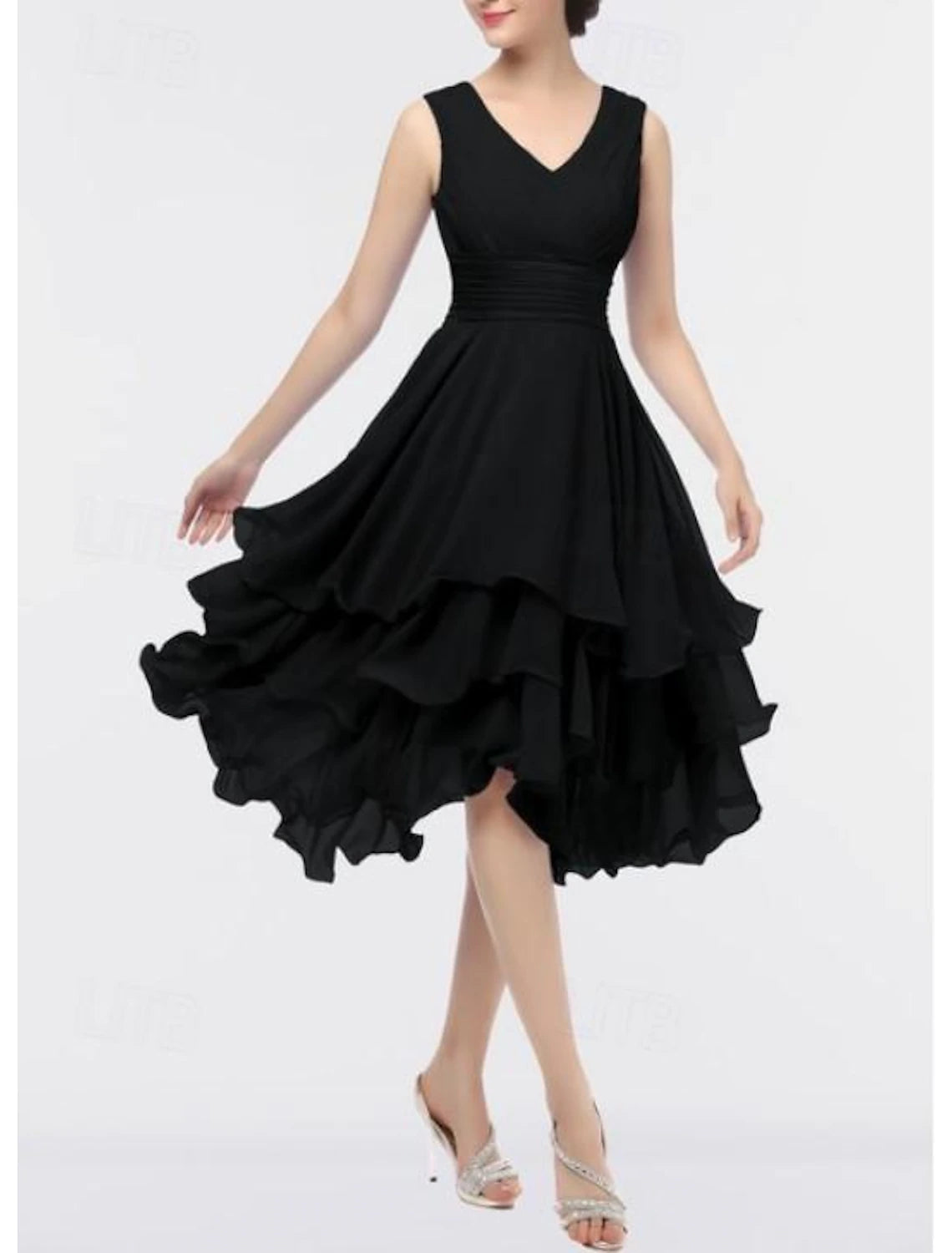 Beach Wedding A-Line Wedding Guest Dresses Party Dress Homecoming Dress Asymmetrical Sleeveless V Neck Chiffon with Ruched Tiered dress to impress Derby Dresses