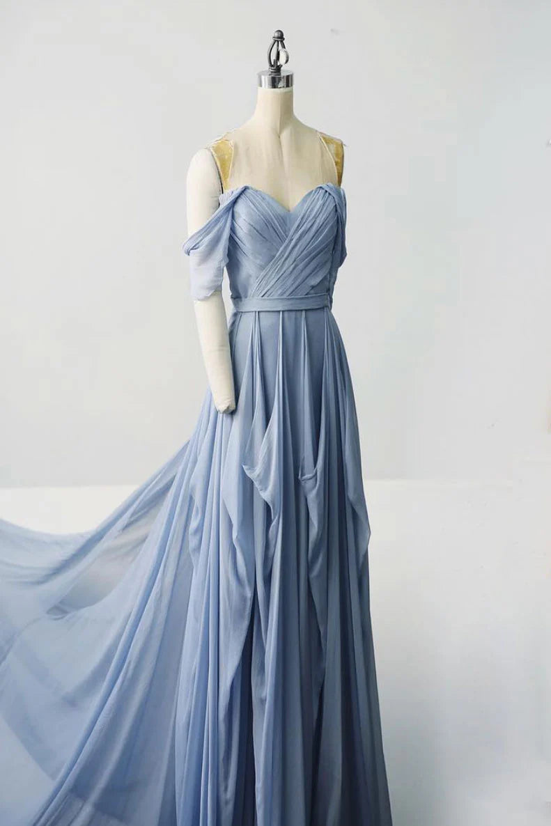 Simple chiffon gray blue long prom dress gray blue evening dress