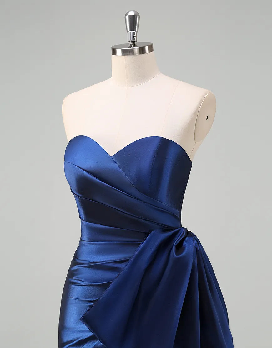 Deep blue satin long mermaid strapless pleated bow dance party dress