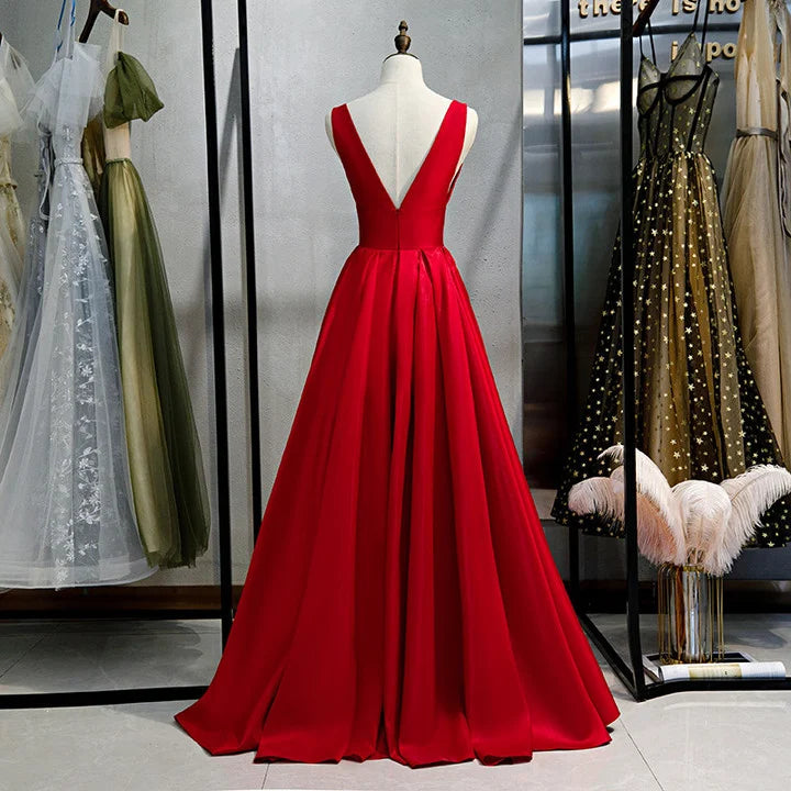 Red V-neckline Satin Floor Length Prom DressRed Evening Gown