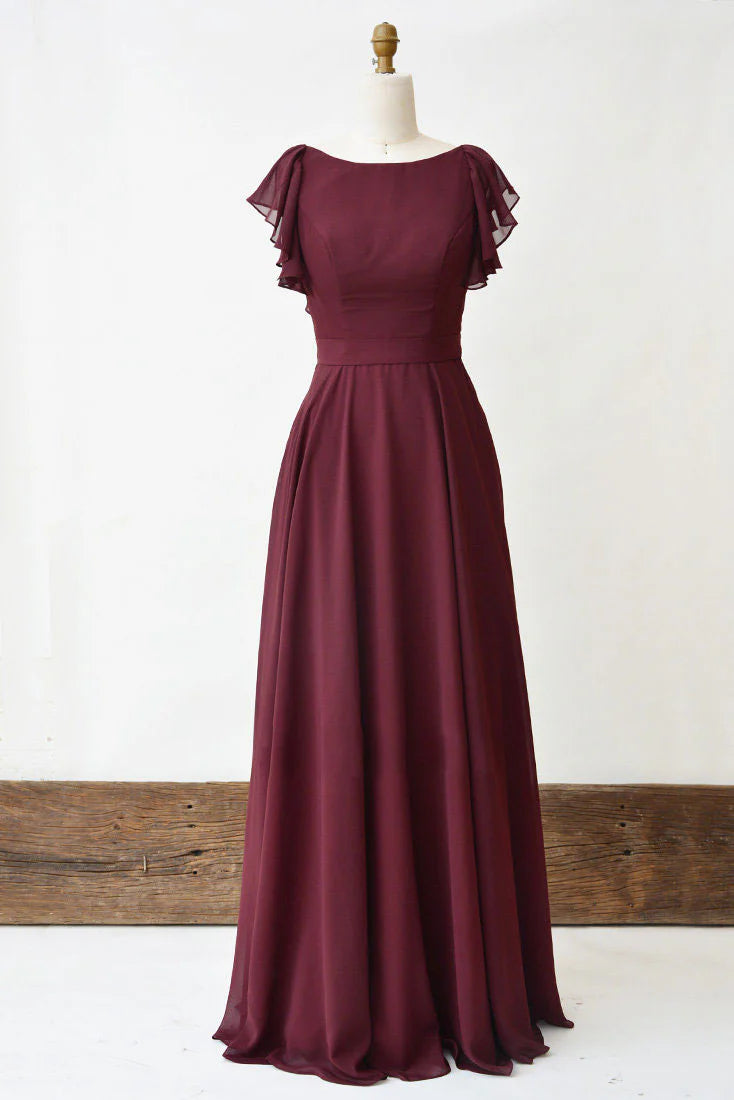 Simple burgundy chiffon long prom dress burgundy evening dress