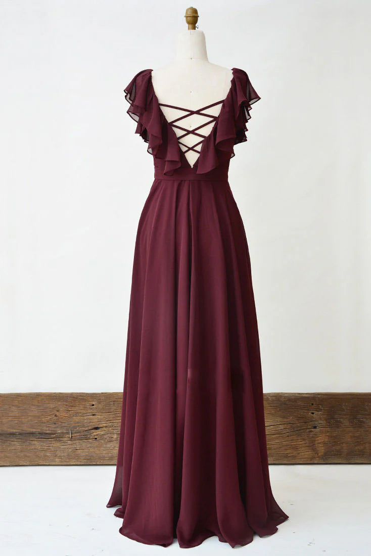 Simple burgundy chiffon long prom dress burgundy evening dress