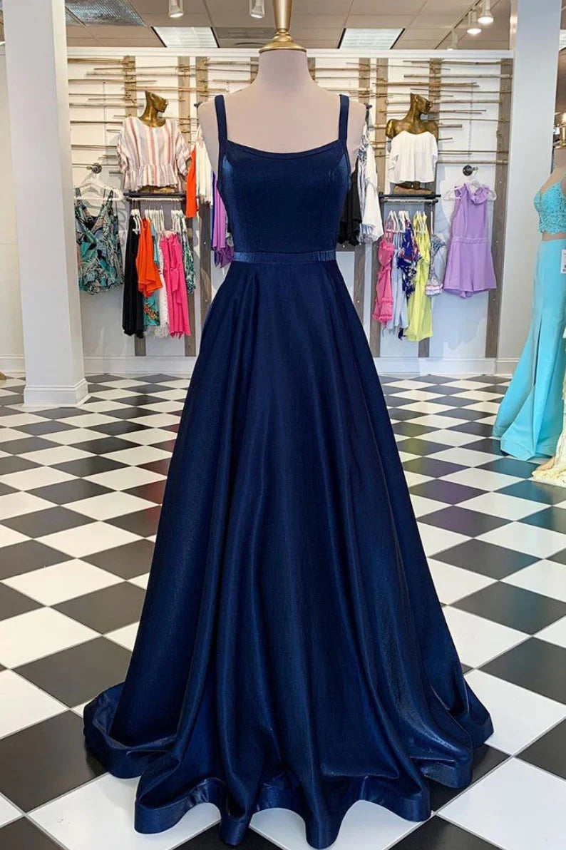 Dark blue long prom dress simple blue evening dress