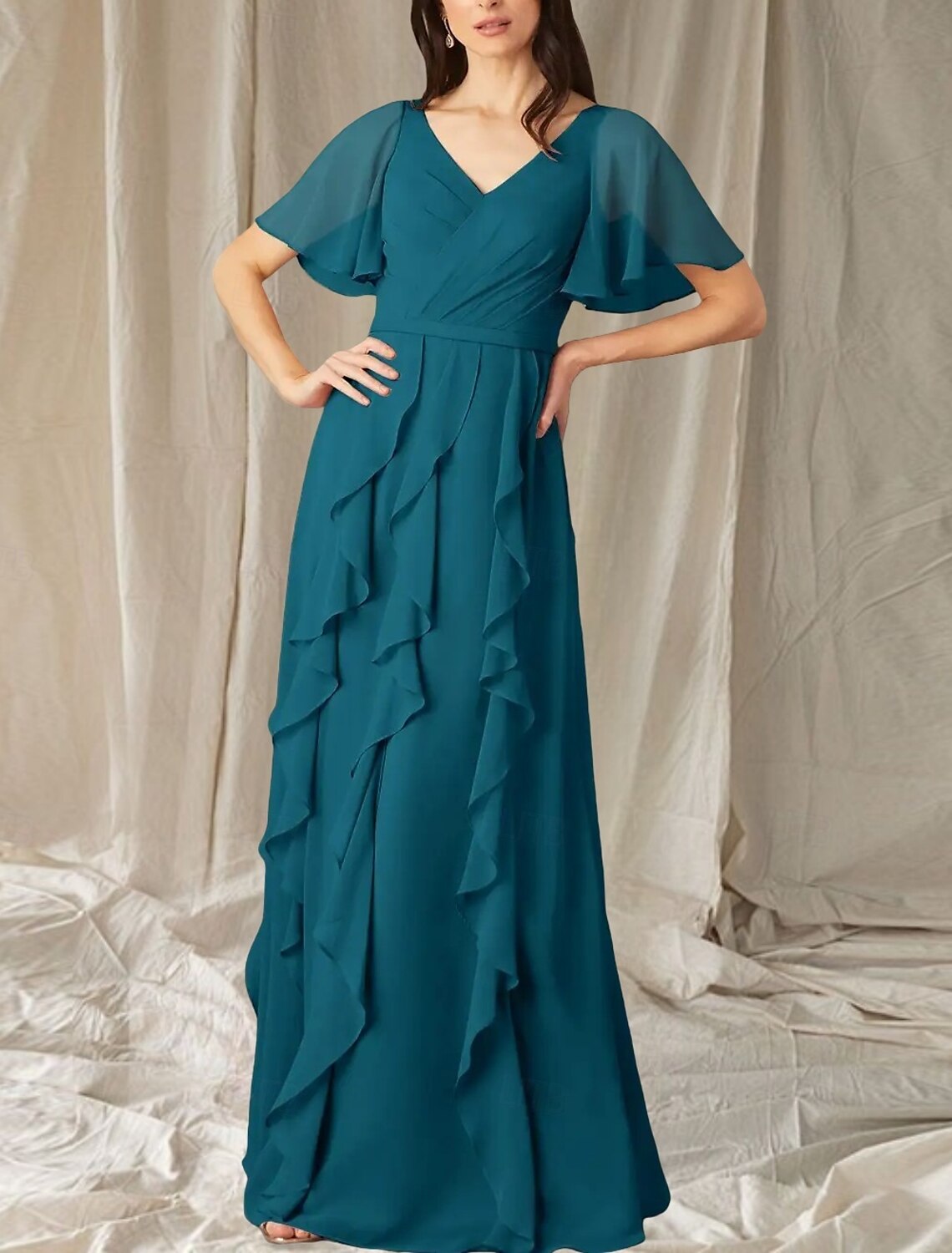 A-Line Mother of the Bride Dress Wedding Guest Elegant Sweet V Neck Floor Length Chiffon Short Sleeve Long Sleeve with Cascading Ruffles Ruching