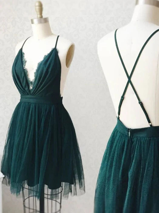 Cute V Neck Backless Green Short Prom Dresses Backless Green Homecoming Dresses Green Formal Graduation Evening Dresses