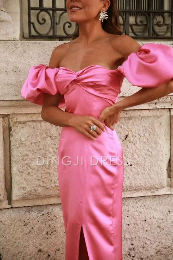 DingJiDress Off The Shoulder Mermaid Sheath Puff Sleeve Side Fork Long Elegant Prom Dress