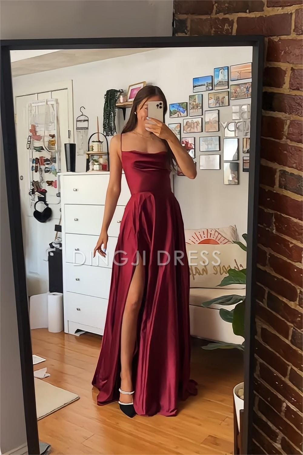 DingJiDress A Line Spaghetti Straps Backless Long Split Front Elegant Simple Prom Dress