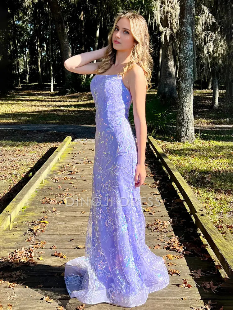 DingJiDress Formal Dress Mermaid Spaghetti Strap Sleeveless Backless Lace Up Sparkly Appliques Party Prom Dress