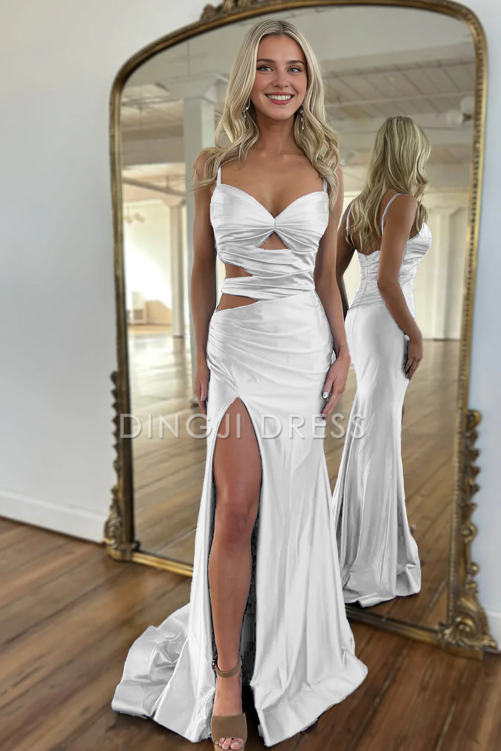DingJiDress Exquisite Mermaid Spaghetti Straps Cutout Waist Long Satin Fashion Prom Dress