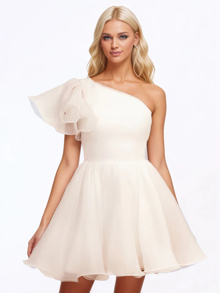 One Shoulder Ruffle Tulle Ivory Homecoming Dress