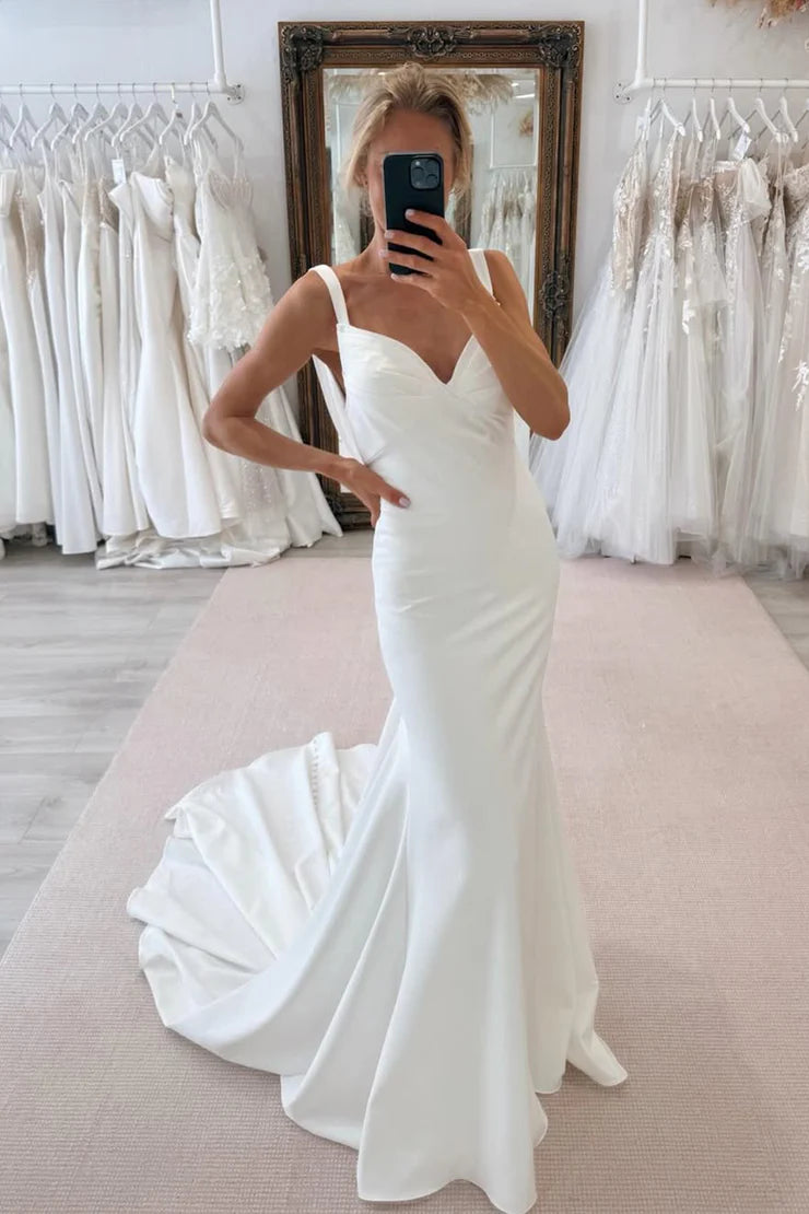 Simple Mermaid V Neck Elastic Satin Wedding Dresses with Train
