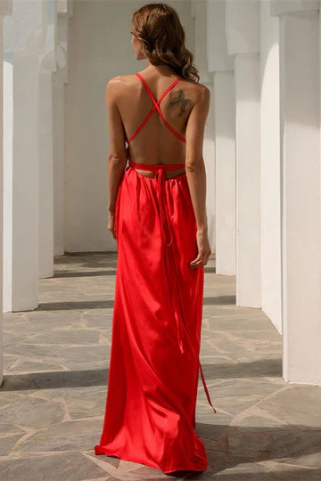 Red V-Neck High Side Slit Long Evening Dress