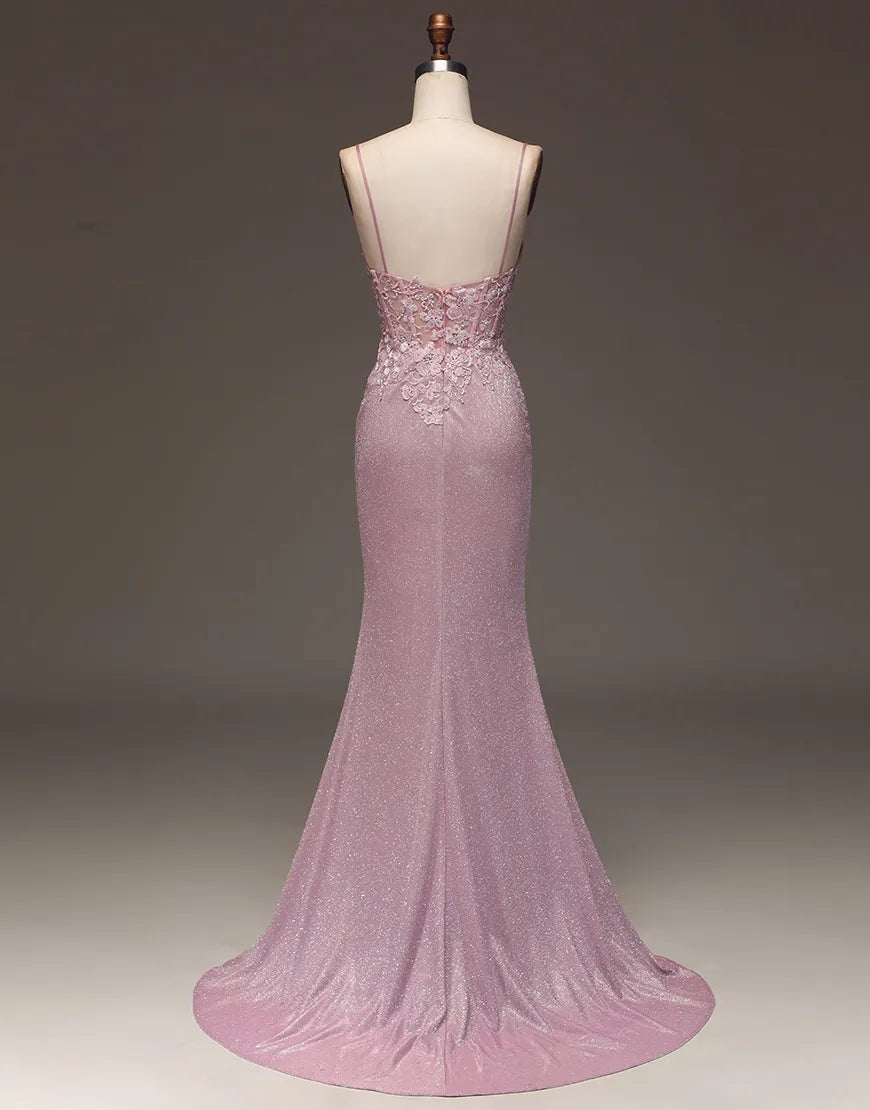 Pink sequin long suspender mermaid pearl decal party dress