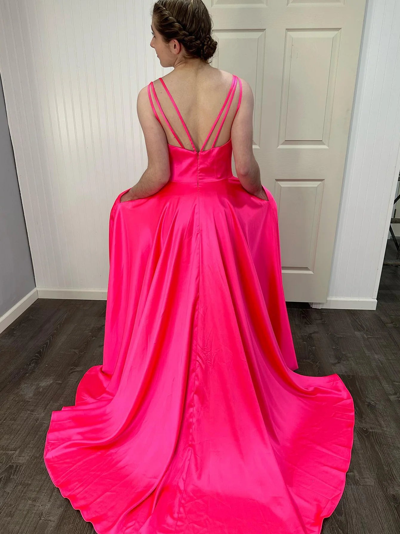Hot Pink A-line Version V-neck Long Split Ball Dress