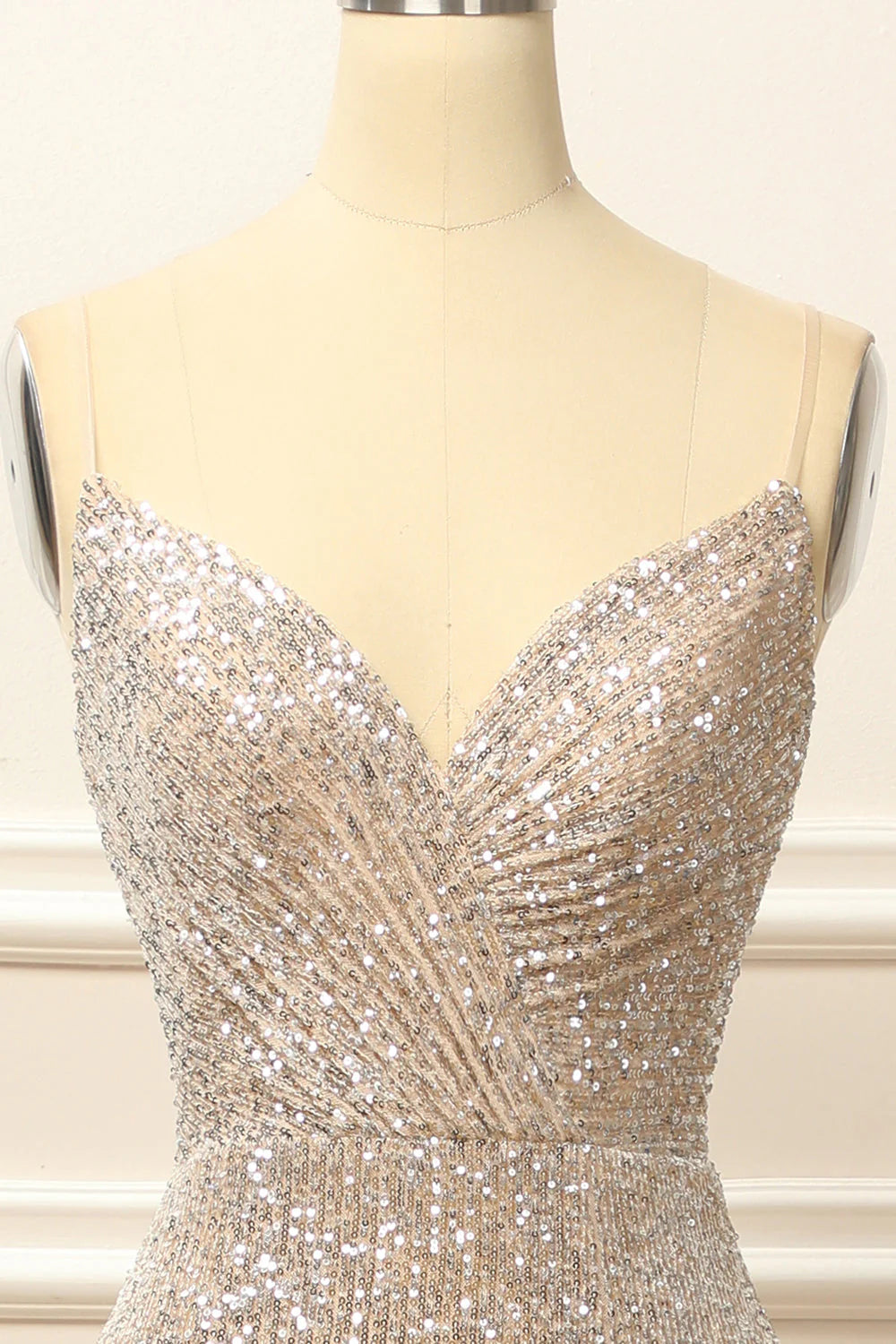 Silver sequin long slit backless ball dress