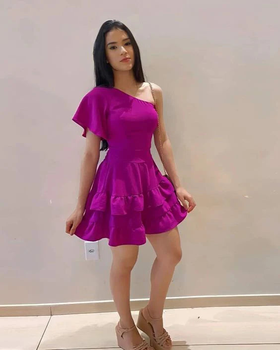 Purple Short One Shoulder Sleeveless Back to School Dress Party Dress