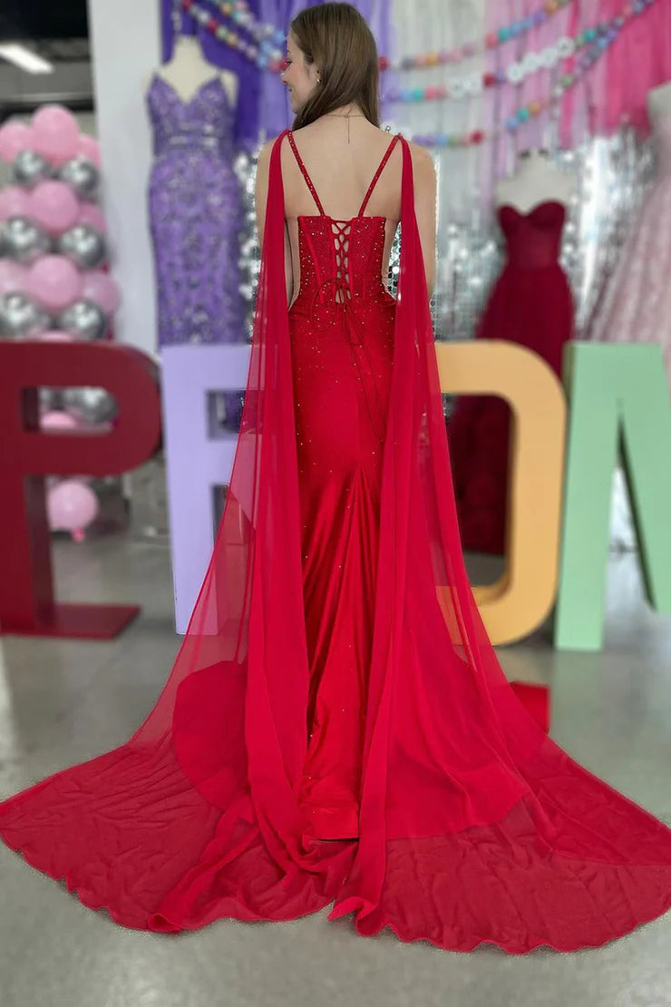 Enchanting mermaid V-neck red satin beaded ball dress with slit