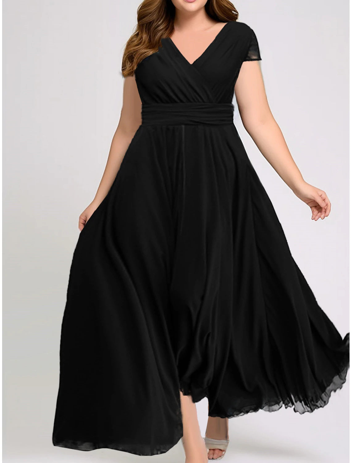 Women's Plus Size Prom Dress Party Dress Ruched V Neck Short Sleeve Vacation Black White Summer Spring