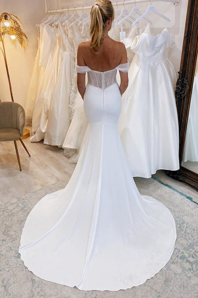 Elegant Mermaid Off the Shoulder Elastic Satin Wedding Dresses with Beading