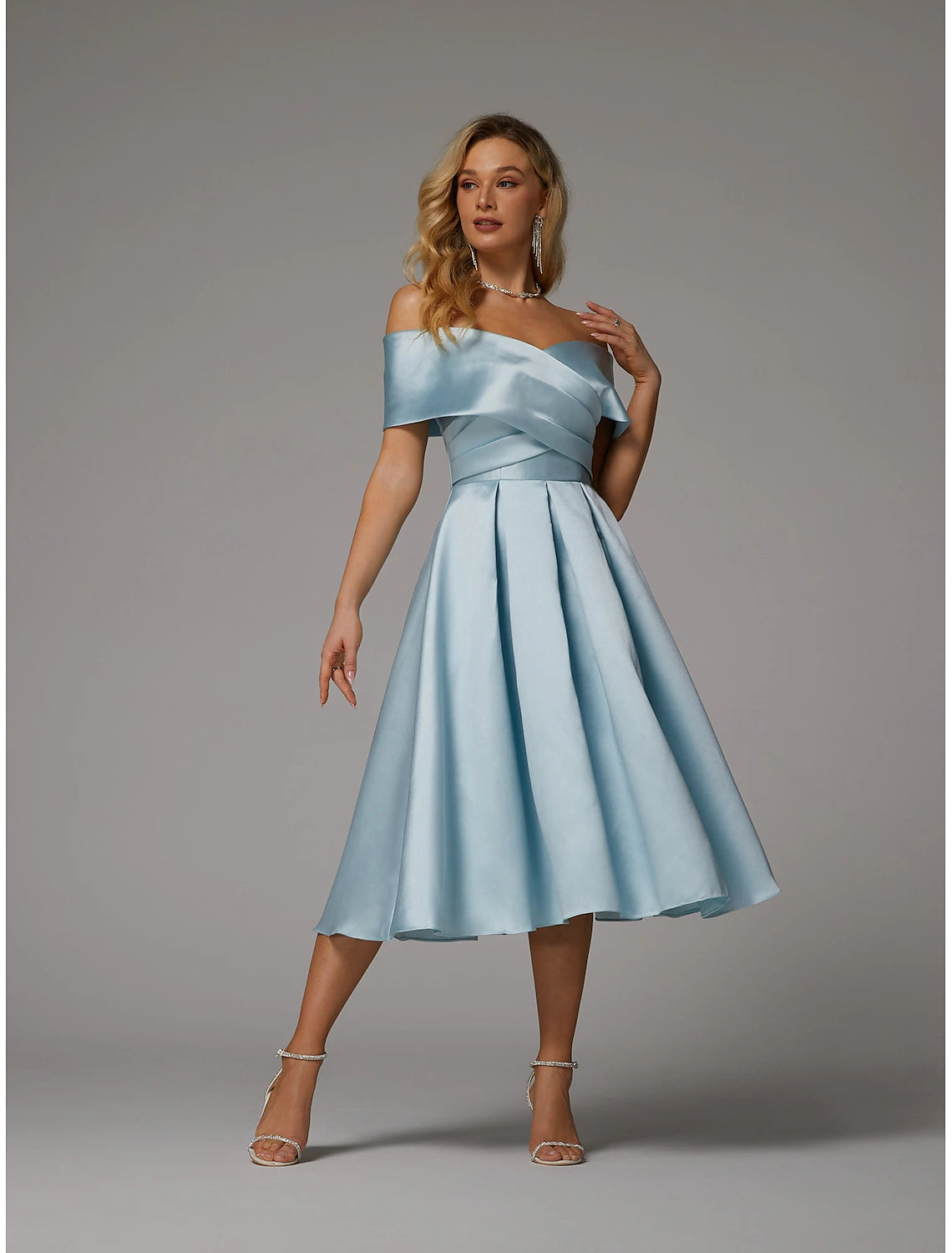 A-Line Cocktail Dresses Elegant Dress Wedding Guest Homecoming Tea Length Short Sleeve V Neck Satin V Back with Pleats Derby Dresses