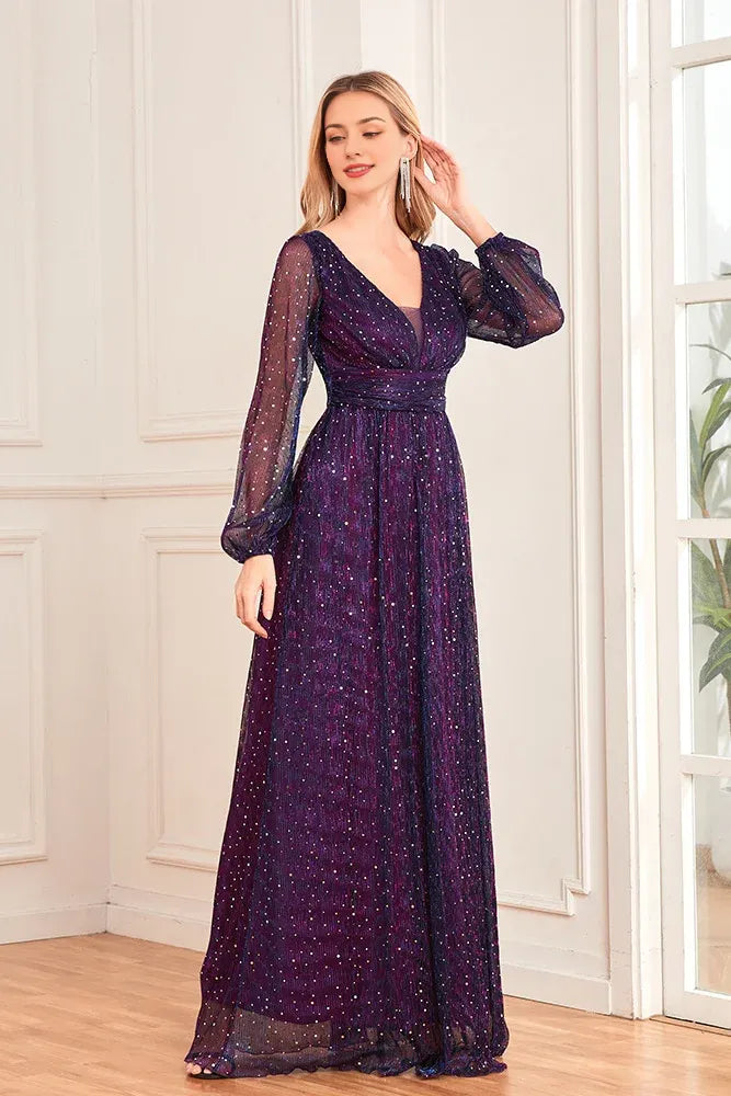 Shiny pleated elastic see-through long sleeves V-neck elegant evening dress
