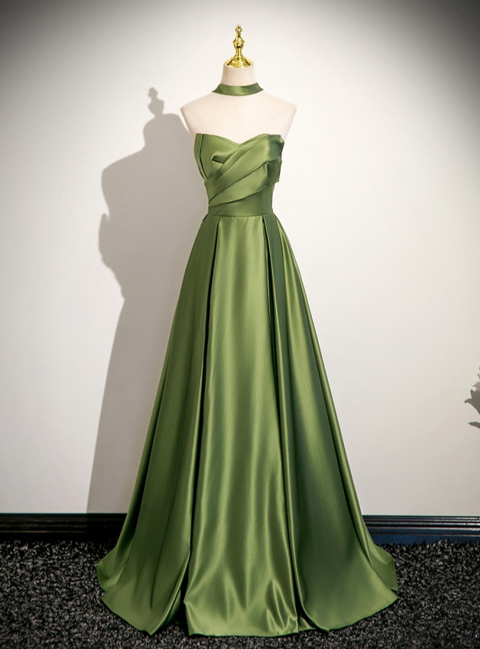 Fashion Green Satin Strapless Pleats Prom Dress