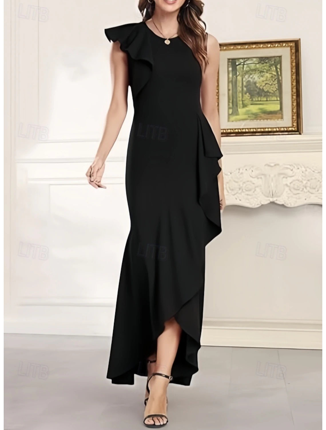 A-Line Wedding Guest Dresses High Low Dress Wedding Guest Homecoming Asymmetrical Sleeveless Jewel Neck Fall Wedding Guest Stretch Crepe with Ruffles